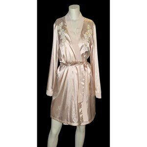 Vtg Linea Donatella Pink Satin Embroidered Lace Robe & Chemise Slip Dress Set S
